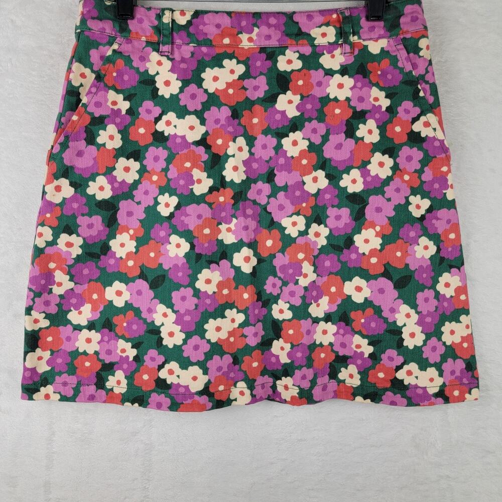 Cottagecore Sz 12 Demin Mini Skirt Pockets Back Zip Button Colorful Floral Y2K